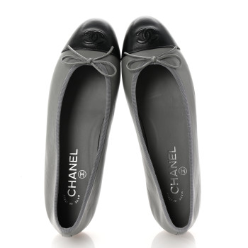 CHANEL Lambskin Cap Toe CC Ballerina Flats 39.5 Grey Black