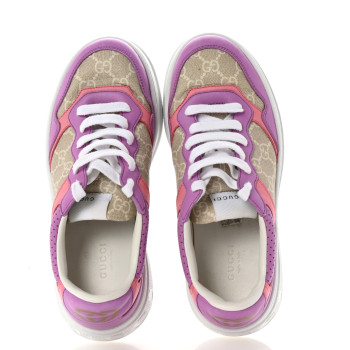 GUCCI Calfskin GG Supreme Monogram Perforated Womens Platform 55mm Sneakers 38.5 Wild Cherry Beige Mystic White Bright Purple