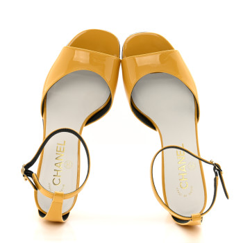 CHANEL Patent CC Ankle Strap Sandals 37.5 Yellow