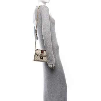 GUCCI GG Supreme Monogram Textured Dollar Calfskin Web Mini Ophidia Padlock Top Handle Chain Shoulder Bag Beige Mystic White Oatmeal