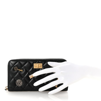 CHANEL Aged Calfskin Quilted Lucky Charms 2.55 Reissue Zip Around Wallet Black