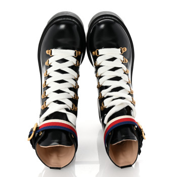 GUCCI Calfskin Sylvie Web Womens Lace Up Combat Boots 38 Black