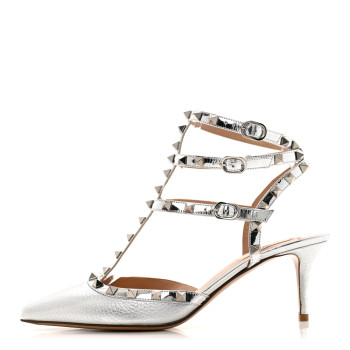 VALENTINO GARAVANI Metallic Pebbled Calfskin Rockstud Ankle Strap 65mm Pumps 40 Silver