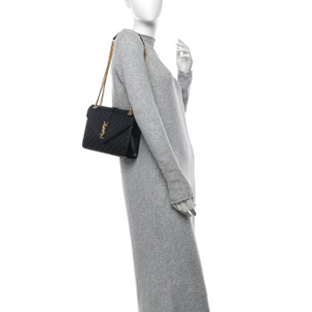 SAINT LAURENT Grain De Poudre Textured Mixed Matelasse Triquilt Medium Monogram Satchel Black