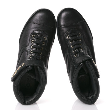 CHANEL Lambskin Logo Strap Sneakers 39.5 Black