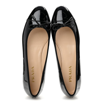 PRADA Vernice Cap Toe Logo Bow Ballerina Flats 38.5 Black