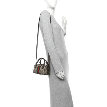GUCCI GG Supreme Monogram Textured Dollar Calfskin Web Super Mini Ophidia Top Handle Bowler Bag Beige Ebony New Acero