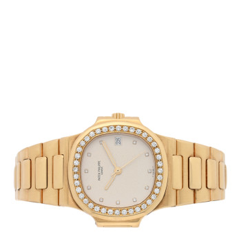 PATEK PHILIPPE 18K Yellow Gold Diamond Bezel 37mm Nautilus Quartz Watch Silver 3800/3