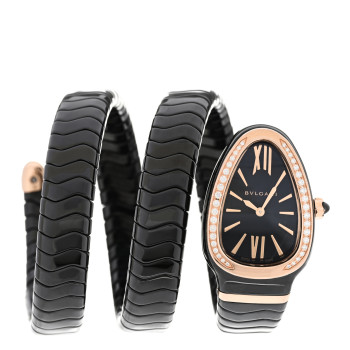 BULGARI 18K Rose Gold Ceramic Diamond Bezel 35mm Serpenti Tubogas Double Spiral Quartz Watch Black