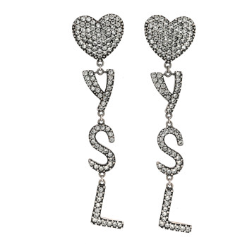 SAINT LAURENT Brass Crystal Monogram Heart Drop Clip Earrings Silver SAINT LAURENT Brass Crystal Monogram Heart Drop Clip Earrings Silver