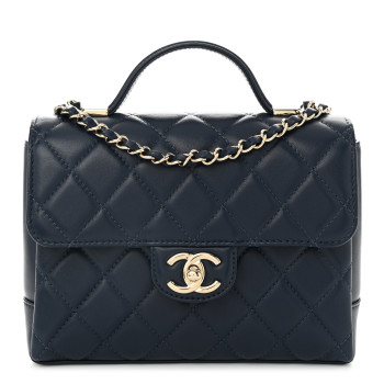 CHANEL Lambskin Quilted Small Top Handle Square Flap Navy Blue