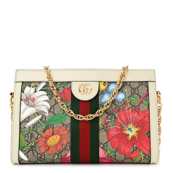 GUCCI GG Supreme Monogram Flora Web Small Ophidia Chain Shoulder Bag White