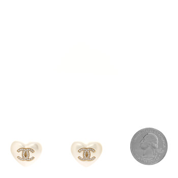 CHANEL Pearl Crystal CC Heart Earrings Gold