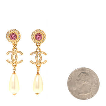 CHANEL Metal Crystal Pearl CC Drop Earrings Gold Pink White