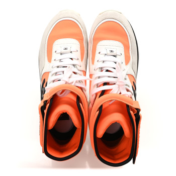 CHANEL Suede Calfskin Lambskin Neoprene High Top CC Sneakers 36.5 White Fluo Orange