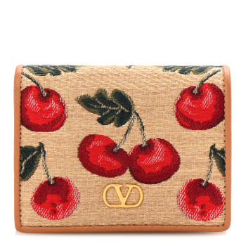 VALENTINO GARAVANI Cherryfic Jacquard Raffia Compact Vlogo Wallet Natural Red