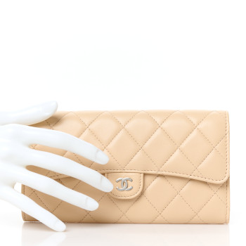 CHANEL Lambskin Quilted CC Large Gusset Flap Wallet Beige