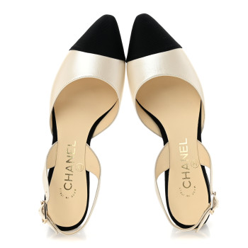 CHANEL Iridescent Calfskin Grosgrain Cap Toe CC Slingback Pumps 36 White Black