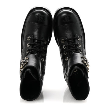 CHANEL Shiny Goatskin Calfskin Quilted Lace Up Combat Boots 37 Black