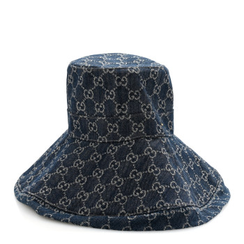 GUCCI Eco Washed Denim GG Monogram Brim Hat XS Blue Ivory