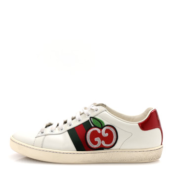 GUCCI Calfskin Web GG Apple Embroidered Womens Ace Sneakers 38 White