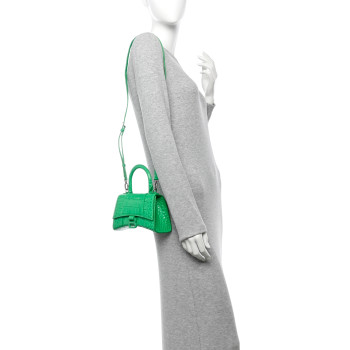 BALENCIAGA Shiny Calfskin Tonal B Crocodile Embossed Hourglass Top Handle Bag XS Vivid Green