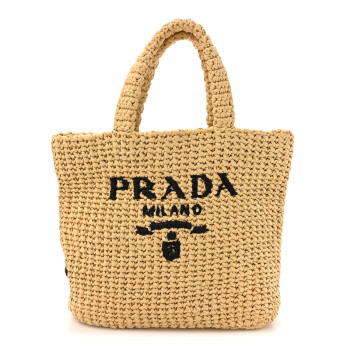 PRADA Yarn Raffia Effect Crochet Embroidered Small Logo Tote Naturale