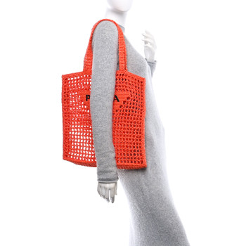 PRADA Yarn Raffia Effect Crochet Logo Embroidered Tote Bag Arancio