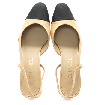 CHANEL Goatskin Grosgrain Cap Toe CC Slingback Pumps 38.5 Beige Black