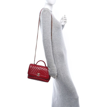 CHANEL Calfskin Chevron Quilted Top Handle Flap Red