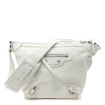 BALENCIAGA Extra Supple Calfskin Crocodile Embossed Neo Classic Hardware Hobo XS White