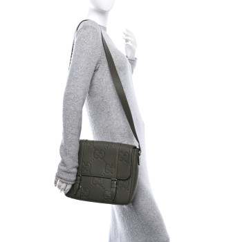 GUCCI Piuma Calfskin Jumbo GG Embossed Double Buckle Medium Messenger Bag Dark Vintage Olive