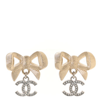 CHANEL Crystal CC Bow Drop Earrings Gold