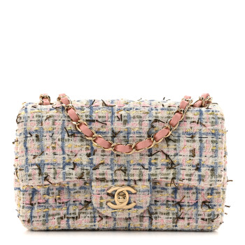 CHANEL Tweed Quilted Mini Rectangular Flap Light Blue Pink Gold White