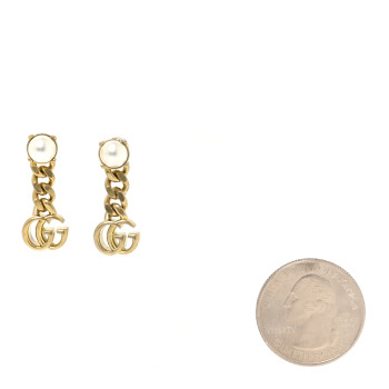 GUCCI Metal Pearl Double G Chain Drop Earrings Gold