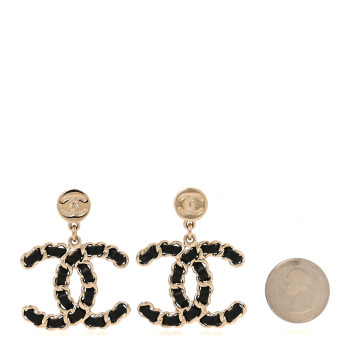 CHANEL Lambskin Chain CC Drop Earrings Black Gold