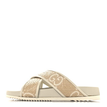 GUCCI Raffia GG Monogram Criss Cross Slide Sandals 40 Natural Mystic White