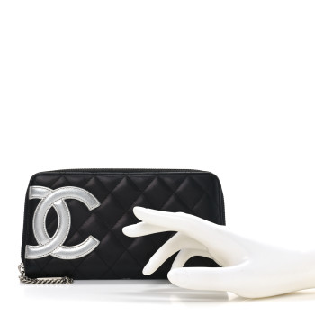 CHANEL Calfskin Quilted Cambon Large Gusset Zip Around Wallet Black Silver