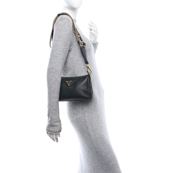 PRADA Vitello Daino Soft Mini Zippered Shoulder Bag Black