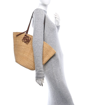 LOEWE Raffia Calfskin Shell Basket Tote Natural Pecan