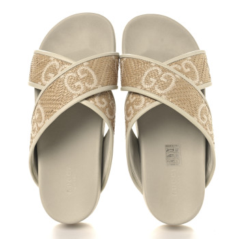 GUCCI Raffia GG Monogram Criss Cross Slide Sandals 40 Natural Mystic White