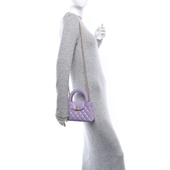 CHANEL Shiny Aged Calfskin Quilted Nano Kelly Shopper Lilac