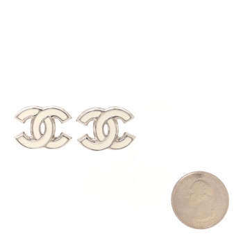 CHANEL Metal Resin CC Earrings White Silver