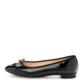 PRADA Vernice Cap Toe Logo Bow Ballerina Flats 38.5 Black