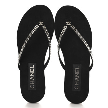 CHANEL Suede Kidskin Strass CC Thong Sandals 37 Black