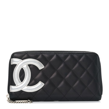 CHANEL Calfskin Quilted Cambon Large Gusset Zip Around Wallet Black Silver