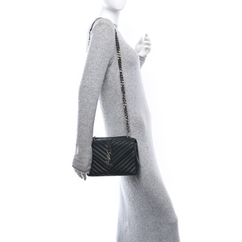 SAINT LAURENT Sheepskin Matelasse Chevron Monogram Medium College Bag Black