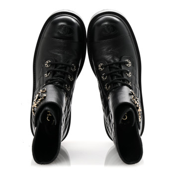 CHANEL Shiny Goatskin Calfskin Quilted Lace Up Combat Boots 36.5 Black