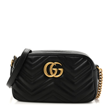 GUCCI Calfskin Matelasse Small GG Marmont Chain Shoulder Bag Black