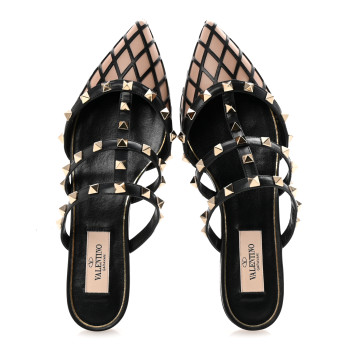 VALENTINO GARAVANI Calfskin Boudoir Rockstud Flat Cage Mules 36.5 Rose Cannelle Black